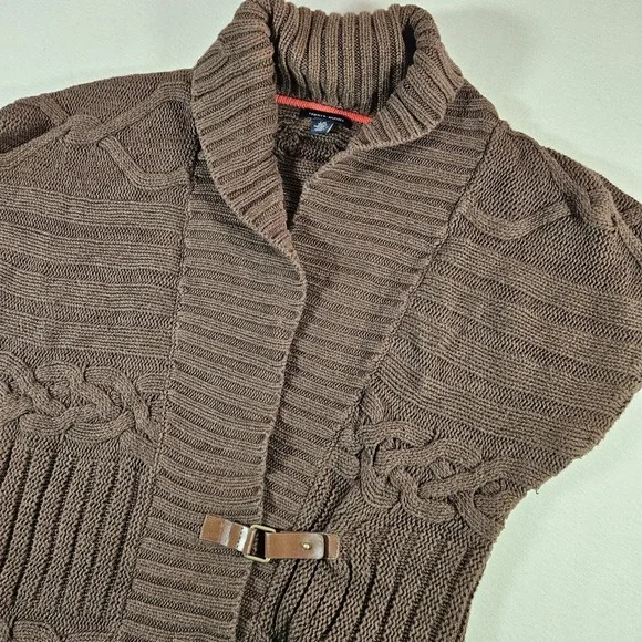 Tommy Hilfiger Sweater Vest Cable Knit Wrap Leather Buckles Women's Large Brown - Picture 1 of 7